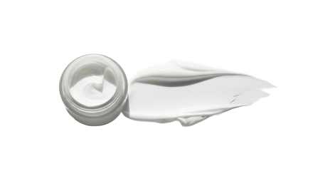 Minimal white jar and silky cream smear over background
