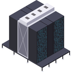 Isometric illustration of a server rack with blue blinking lights and air conditioning unit on a platform against a transparent background