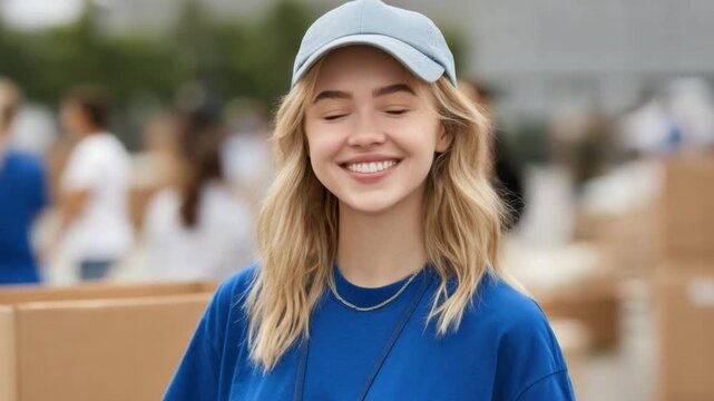 Young woman smiling while volunteering outdoors, wearing blue shirt and cap, surrounded by people and boxes, capturing spirit of community service and positivity 4k video footage