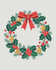 Christmas Holly Wreath with Red Berries and Ribbon Holiday Decoration