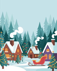 Obraz premium Winter Village Christmas Scene with Sleigh and Snowy Trees