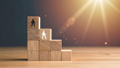 Wooden Blocks Staircase with Stick Figures Symbolizing Career Growth.