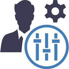 Silhouette Of A Man In A Suit With A Gear And A Sound Mixer Control Panel Symbolizing Management And Operation With A Blue Circular Border On A Transparent Background