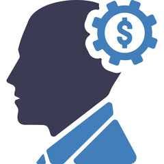 Silhouette of a Man's Head with a Blue Gear Featuring a Dollar Sign Inside His Brain Representing Financial Thinking or Business Strategy on a Transparent Background