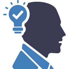 Silhouette of a Man's Head with a Blue Lightbulb Symbolizing an Idea and a Checkmark Inside Against a Transparent Background Representing Innovation and Insight