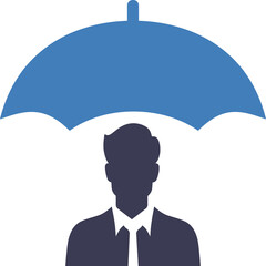 Silhouette of a Man Under a Blue Umbrella Representing Protection and Security in a Professional Setting