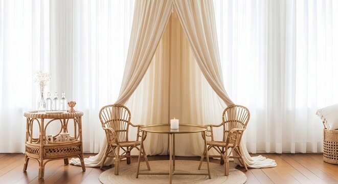 Elegant interior design with rattan furniture and sheer curtains in natural light