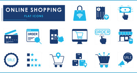 A set of flat icons related to Online Shopping. Online, market, order, sale, payment, QR, digital, cart, delivery, rating, and so on.
