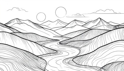 Serene Mountain Landscape with River and Celestial Orbs.