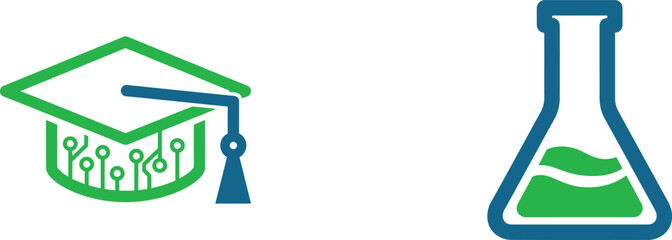 Digital learning and scientific research depicted through graduation cap and flask symbolizing education in technology and science with a green and blue color scheme against white background