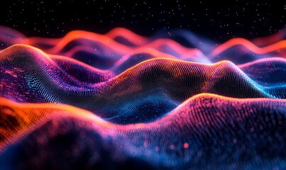 Colorful wave abstract info graphics on a black background, representing sound analysis and data flow. The design captures the vibrancy and energy of modern data visualization, Generative AI