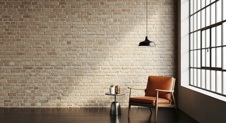 Modern interior with brick wall leather chair and large window for design mockup