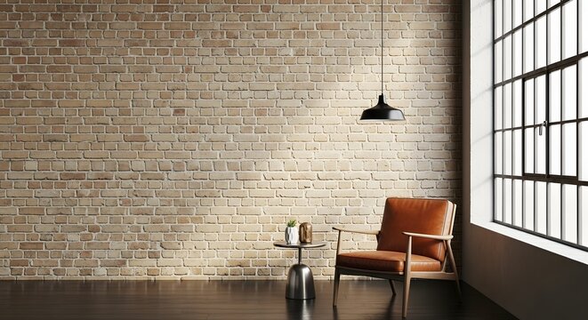Modern interior with brick wall leather chair and large window for design mockup