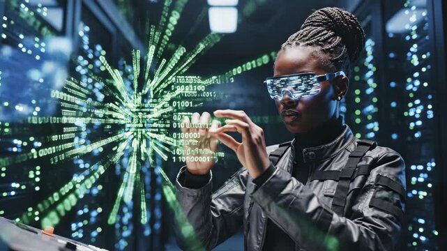Tech worker interacts with data in server room. - Powered by Adobe