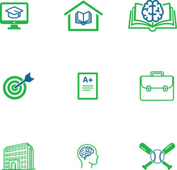 Education and Learning Icon Set with Academic Success and Professional Skills Development Represented by Graduation Cap Book Brain Target Grade Briefcase School and Baseball Graphics
