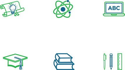 Education and learning icons concept featuring scroll with lightbulb atom symbol laptop books graduation cap and writing utensils symbolizing knowledge creativity and academic achievement