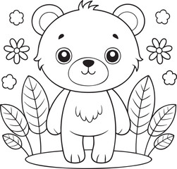 Cute teddy bear coloring page line art with flowers for children activity book and simple kids design