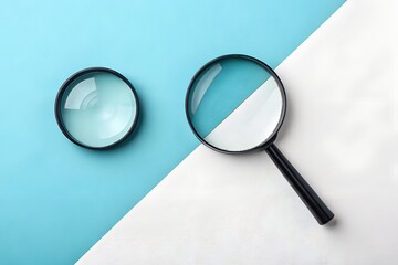 Magnifying glass or loupe icon on a blue background and focused on a book, symbolizing search, exploration, and finding objects with an optical lens tool