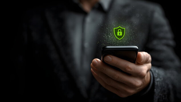 Man holding smartphone with digital security shield overlay
