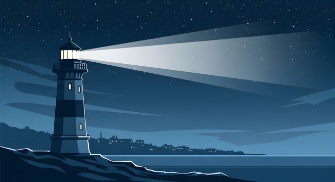 Lighthouse beam sweeps across starry night sky over ocean and town