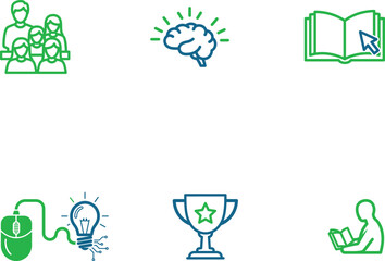 Icons representing education knowledge learning and achievement including people brain book mouse lightbulb trophy and reading person in a flat minimalistic vector style concept