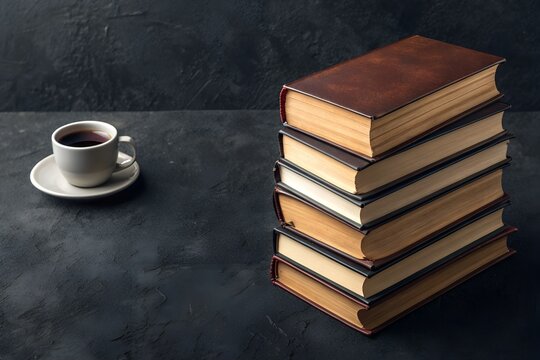 Old stack of books with coffee cup on white background for study and literature knowledge