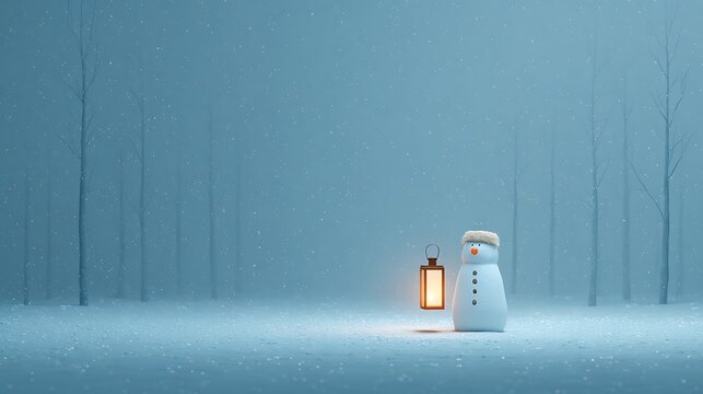 Snowman standing in snowy forest glowing with lantern light