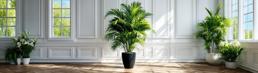 Obraz premium Clean white panels and potted plant concept. Elegant indoor plants enhance the bright, airy space.