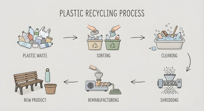 Plastic Recycling Process Infographic - Circular Economy Flowchart, Waste Sorting, Shredding, Cleaning to New Product