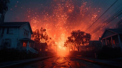 Nighttime neighborhood consumed by raging wildfire concept. A vibrant street illuminated by fiery sparks in the night.
