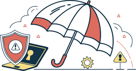 Flat vector illustration showing umbrella protecting laptop with lock and warning shield, symbolizing cybercrime risks, data breach alerts and online security for tech banners, apps and infographics.