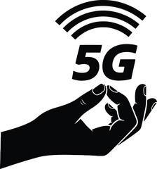 Silhouette of a hand holding the 5g symbol with wireless signal waves above it, isolated on white background