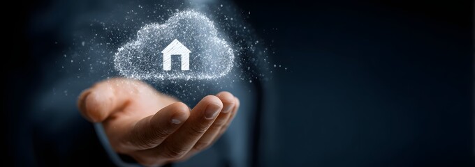 Hand reaching towards a digital cloud with a house icon