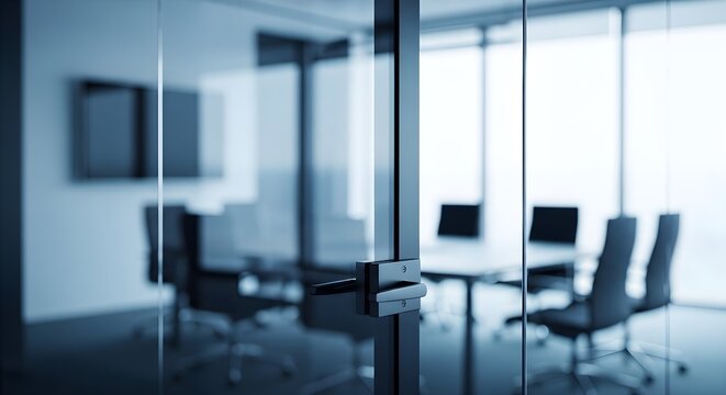 Blurred conference room interior behind glass wall - Powered by Adobe