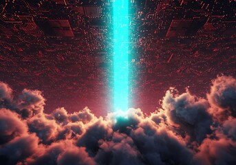 Abstract digital light pillar descending through clouds against a futuristic backdrop