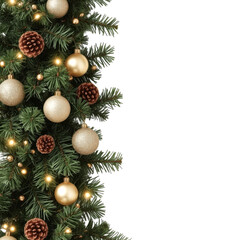 Fototapeta premium A Christmas tree with gold and brown ornaments and pine cones. The tree is lit up and has a festive mood