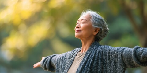 Mindful yoga practice for senior women in a public park embracing freedom and calmness in nature under sunlight for stress relief and longevity