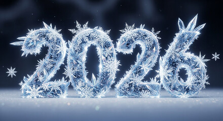 Icy 2026 numbers with snowflakes, symbolizing a frosty new years celebration and the cold winter season, set against a dark, snowy background