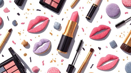 Glamorous makeup set with cosmetic brushes, pink lipstick, and powder accessories for fashion beauty