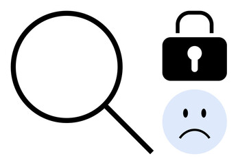Data protection concept. Magnifying glass, lock, and sad face data security challenges. Data protection highlights privacy risks and solutions. Ideal for technology, cybersecurity, privacy policy