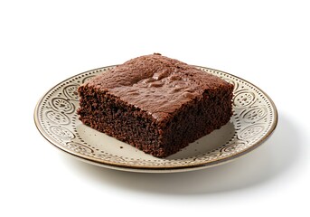 Chocolate brownie slice on decorative plate isolated white background