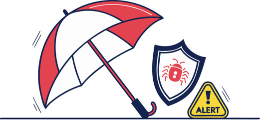 Flat vector illustration showing umbrella protecting laptop with lock and warning shield, symbolizing cybercrime risks, data breach alerts and online security for tech banners, apps and infographics.