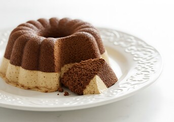 Chocolate cake with a slice on a white plate for culinary imagery