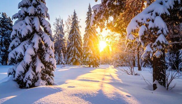 Winter Wonderland - Sunlit Path Through Snow-Covered Forest.