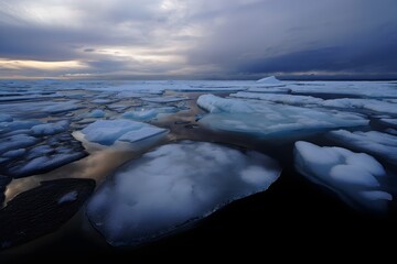 Arctic landscape with ice floes and dramatic sky showing climate change and melting ice