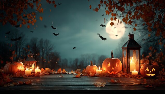 Spooky Halloween Scene with Pumpkins, Lanterns, and Bats - Powered by Adobe