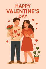 Happy valentines day couple love romance hearts flowers gift together celebration card romantic holiday vector illustration