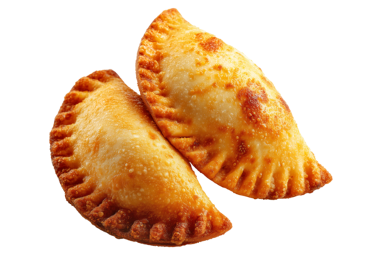 Argentina and Uruguay empanadas stacked in a pyramid, golden baked crust, meat and potato filling, isolated on white transparent background, concept of traditional South American Cuisine