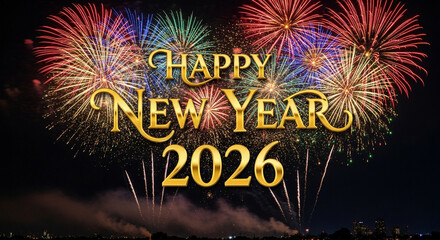 Happy new year 2026 greeting with golden text and colorful fireworks display against a dark night sky, perfect for festive celebrations