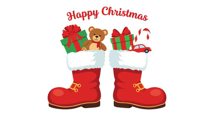 Happy christmas with two red santa boots filled with gift box, teddy bear, candy cane, and toy car
